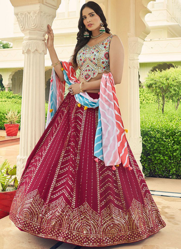 Designer Choli With Dark Pink Thread Work Georgette Lehenga
